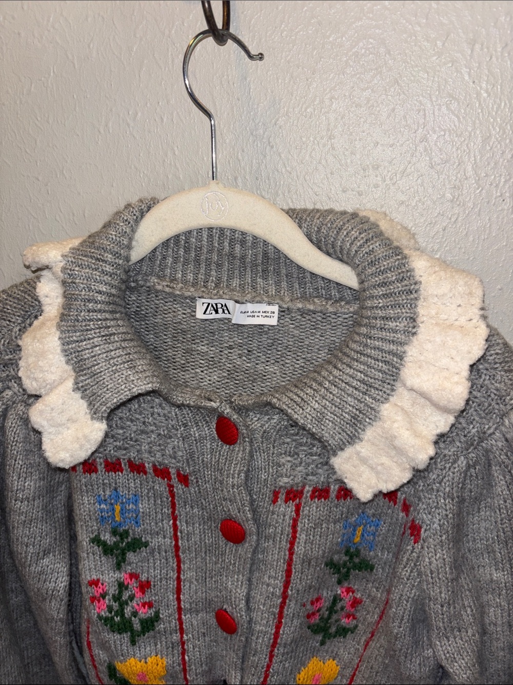 Zara Cottagecore Boho Embroidered Cardigan Sweater Gray Floral Women’s Medium - Picture 2 of 9